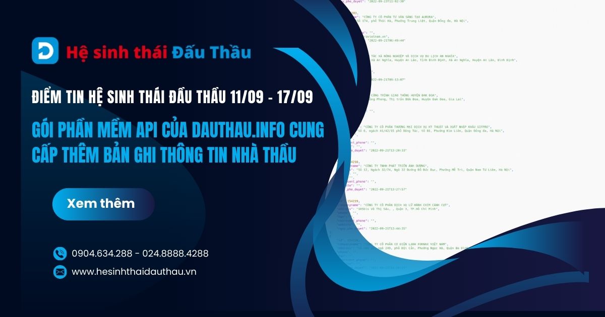 Điểm tin Hệ sinh thái Đấu Thầu 11/09 - 17/09: Gói phần mềm API của DauThau.info cung cấp thêm bản ghi thông tin nhà thầu