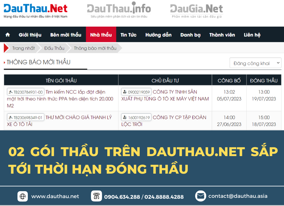 02 gói thầu trên DauThau Net sắp tới thời hạn đóng thầu